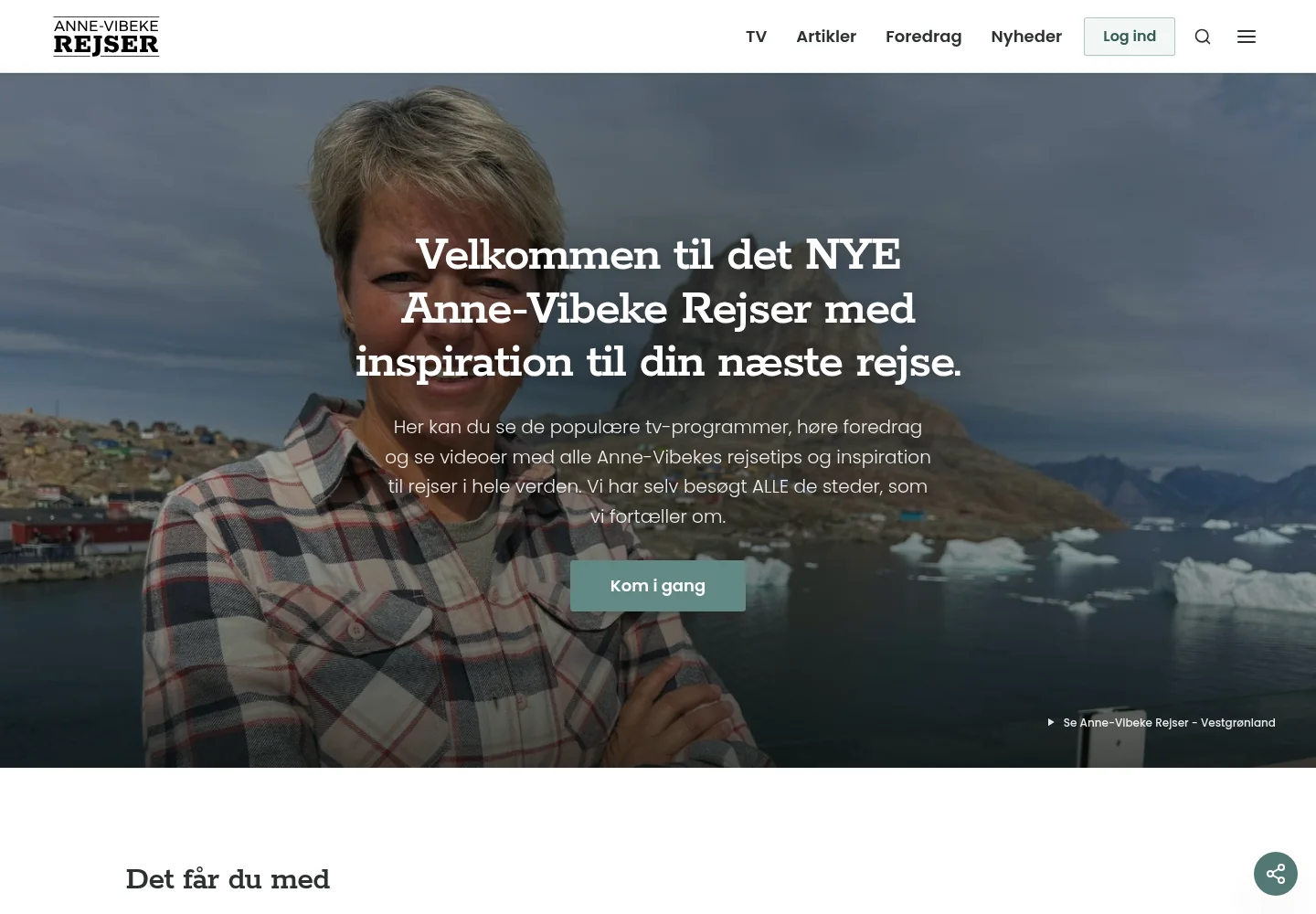 Den nye streamingplatforms forside i testmiljøet med Anne-Vibeke ved Grønlands kyst og navigation til TV, artikler og foredrag