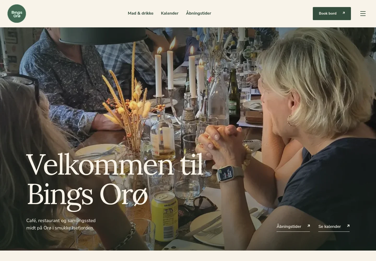 Forsiden på bings.dk med caféens fotografier, grønne navigation og adgang til booking