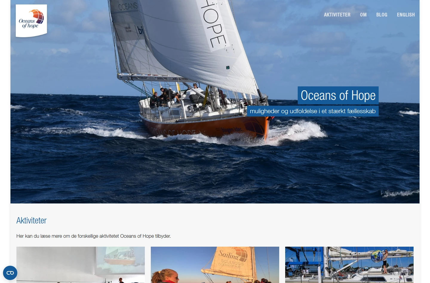 Forsiden på Oceans of Hopes nuværende website