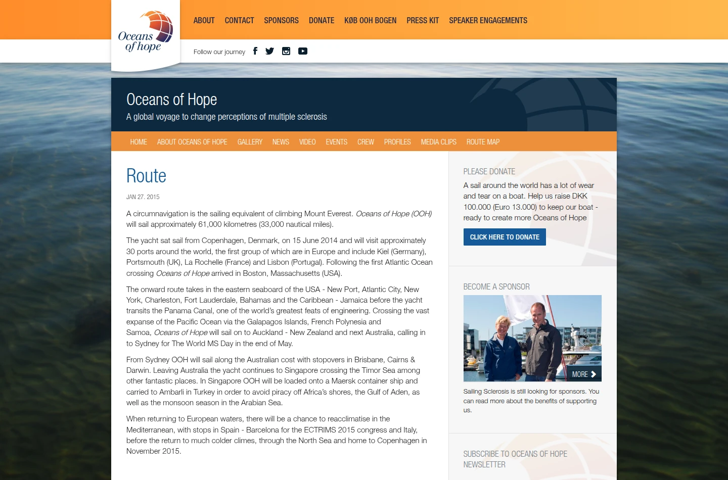 Rutesiden fra Oceans of Hopes oprindelige website om jordomsejlingen