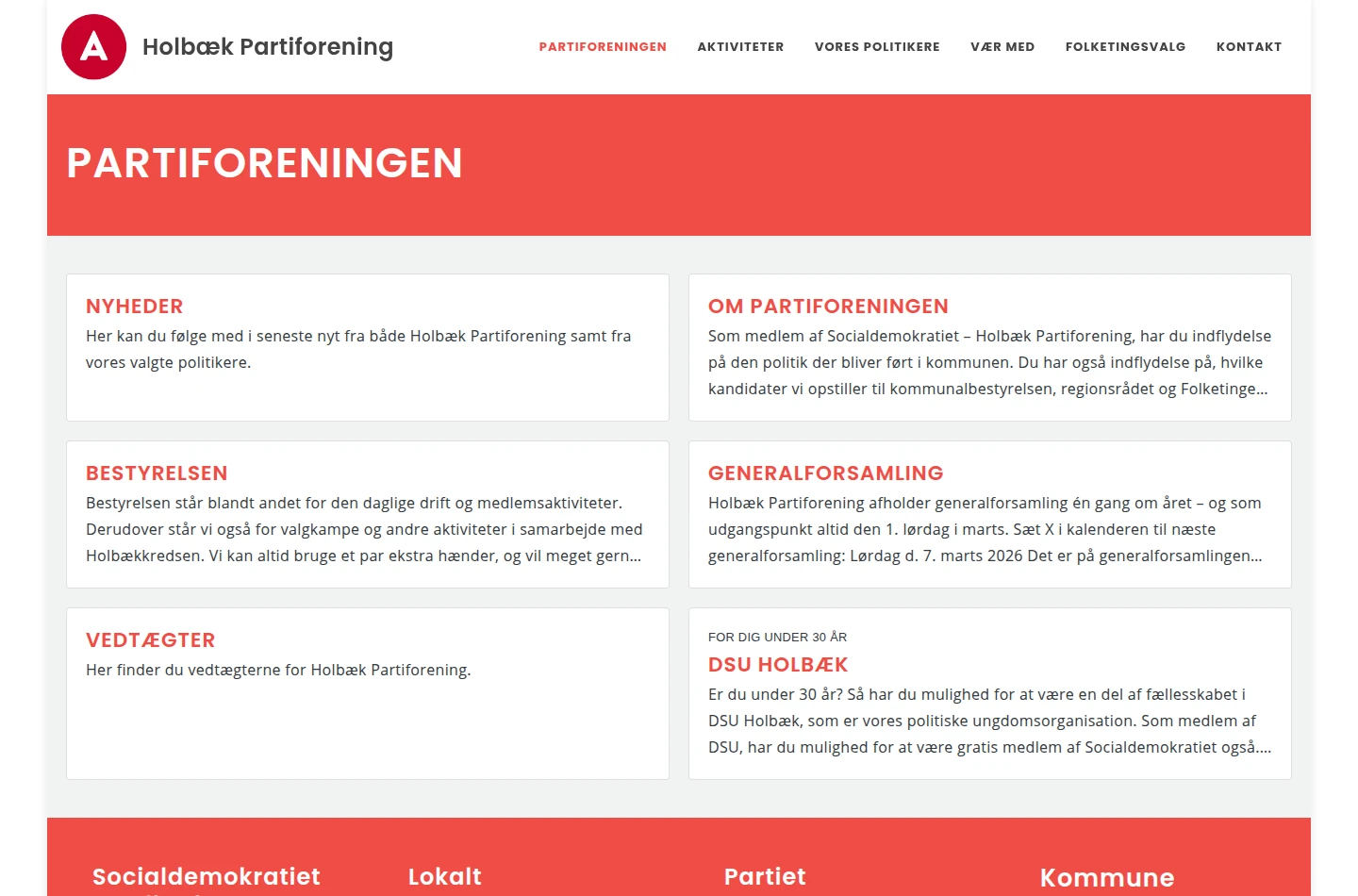 Partiforeningens oversigt med nyheder, bestyrelse, vedtægter og generalforsamling