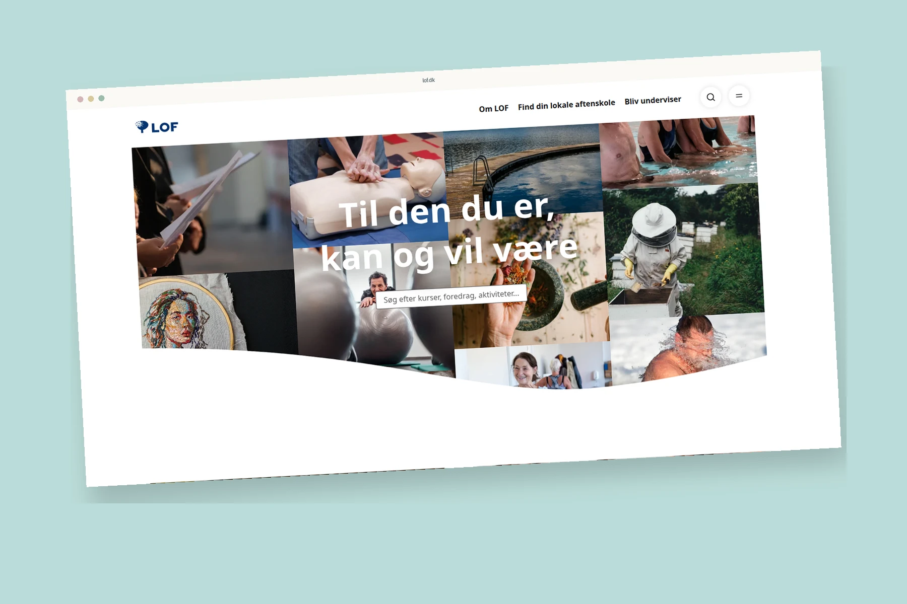 Screenshot af lof.dk med kurser, foredrag og aktiviteter, vist i en browserramme