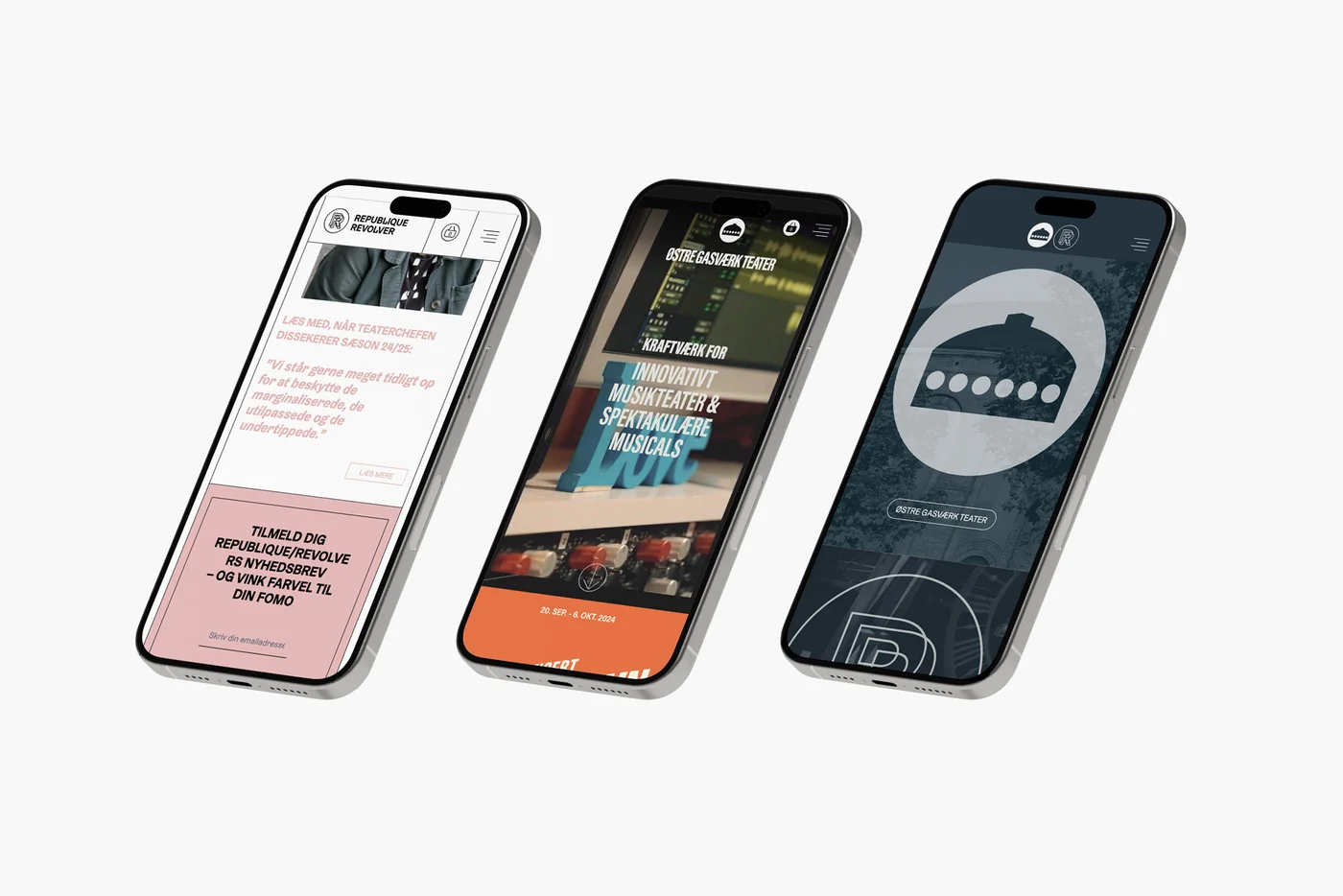 Tre websites for Østerbro Teater, vist på mobiltelefoner