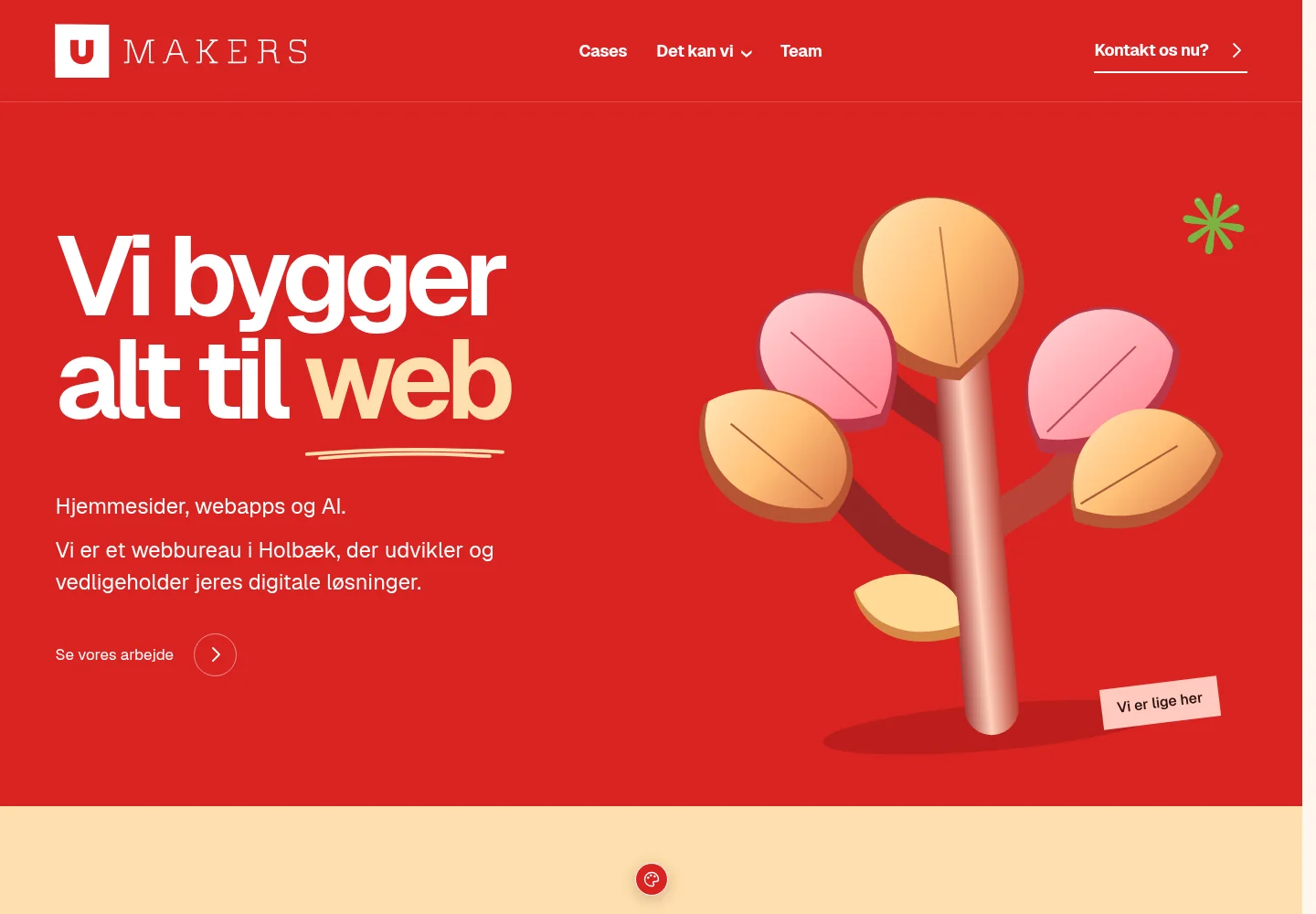 UMAKERS’ røde website med stor typografi og et illustreret træ